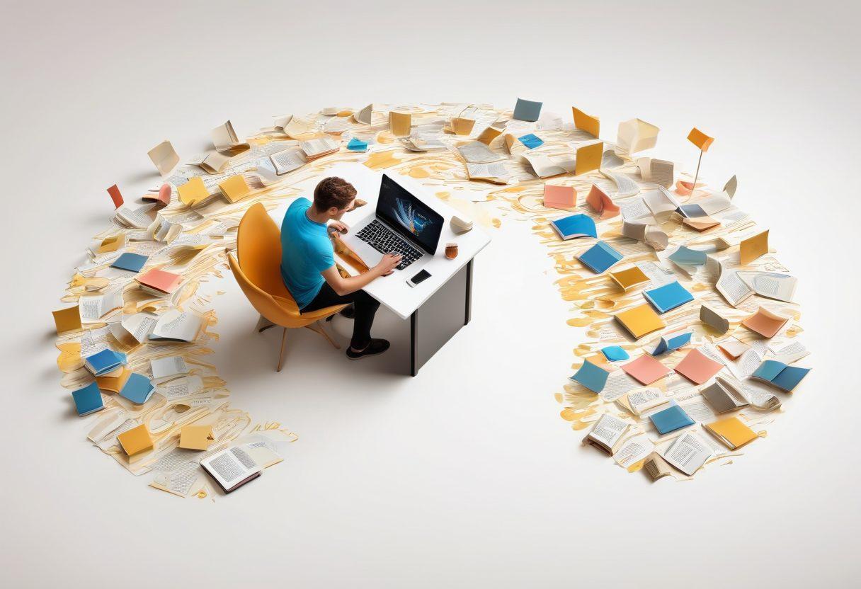 A person sitting at a desk surrounded by floating story elements like books, pens, and digital devices, illustrating the journey from brainstorming ideas to impactful storytelling. Use warm, inviting colors to convey creativity and inspiration, with a dynamic background of swirling narratives and digital connections. super-realistic. vibrant colors. white background.