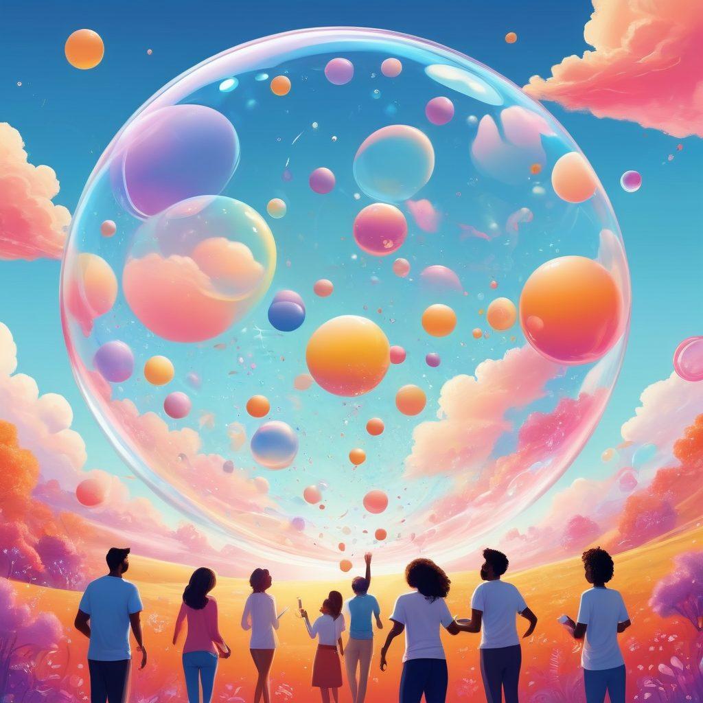 A whimsical illustration of a diverse group of people joyfully navigating a colorful, swirling blogosphere filled with blog posts represented as floating bubbles. Each bubble showcases different themes like personal growth, professional tips, and creative expression. The background features a bright sky with digital motifs, symbolizing connectivity and innovation. The scene is vibrant and engaging, inviting viewers to explore their own blogging journey. vector art. vibrant colors. 3D.