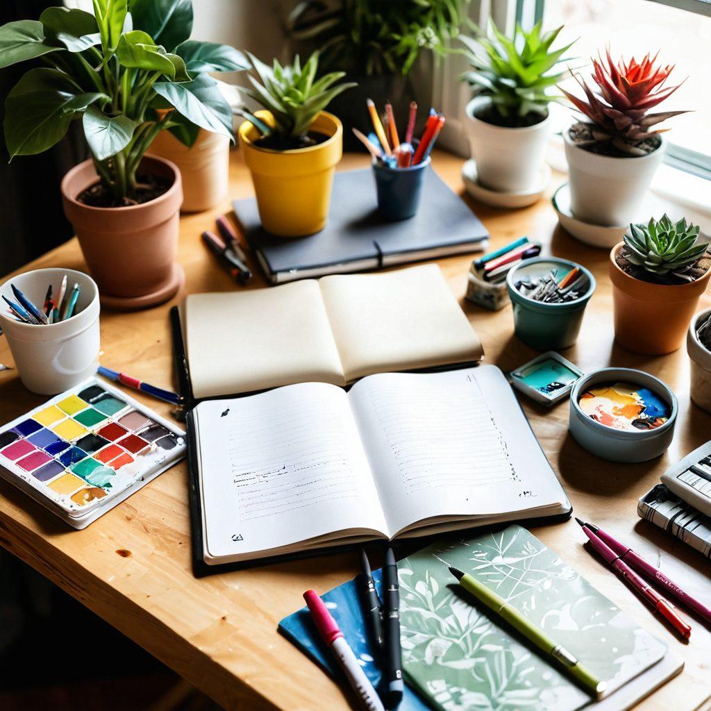 A vibrant, open notebook surrounded by colorful art supplies like paints, brushes, and markers, with soft sunlight illuminating the pages filled with creative ideas and sketches. In the background, a cozy workspace with a laptop and plants, suggesting a blend of personal and professional growth. The atmosphere should be inspiring and warm, encouraging creativity and expression. super-realistic. vibrant colors. cozy setting.